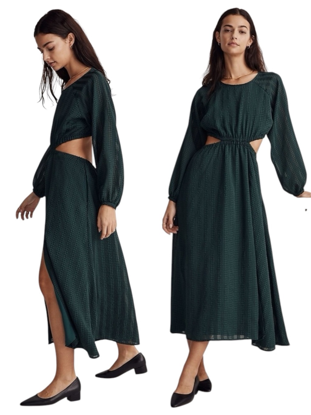 $168 Madewell Balloon Long Sleeve Button Back Cut Out Gingham Midi Dress